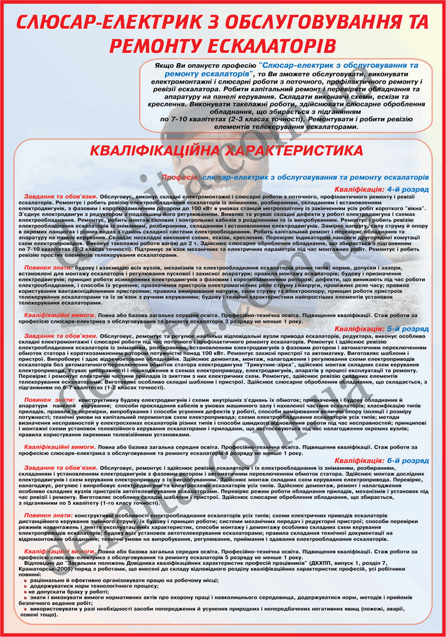 0908. Слюсар-електрик з обслуговування та ремонту екскалаторів.