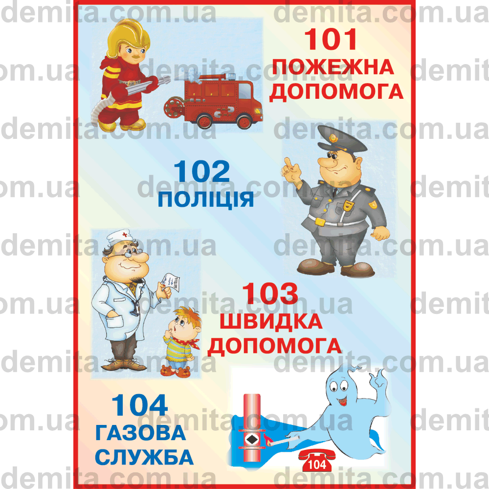 1813. Плакат «101 Пожежна допомога» / «102 Поліція» / «103 Швидка допомога» / «104 Газова служба».